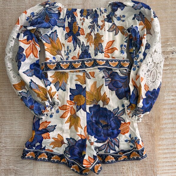 Farm Rio Yellow/Blue/White Lace Floral Romper size small NWT - Picture 10 of 15